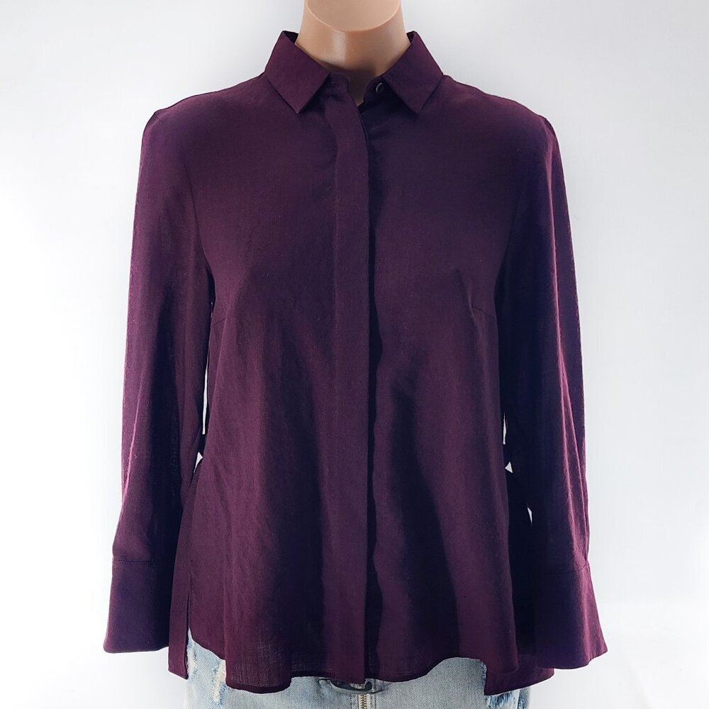 AKRIS PUNTO Wool Button Up Peplum Blouse Shirt Maroon